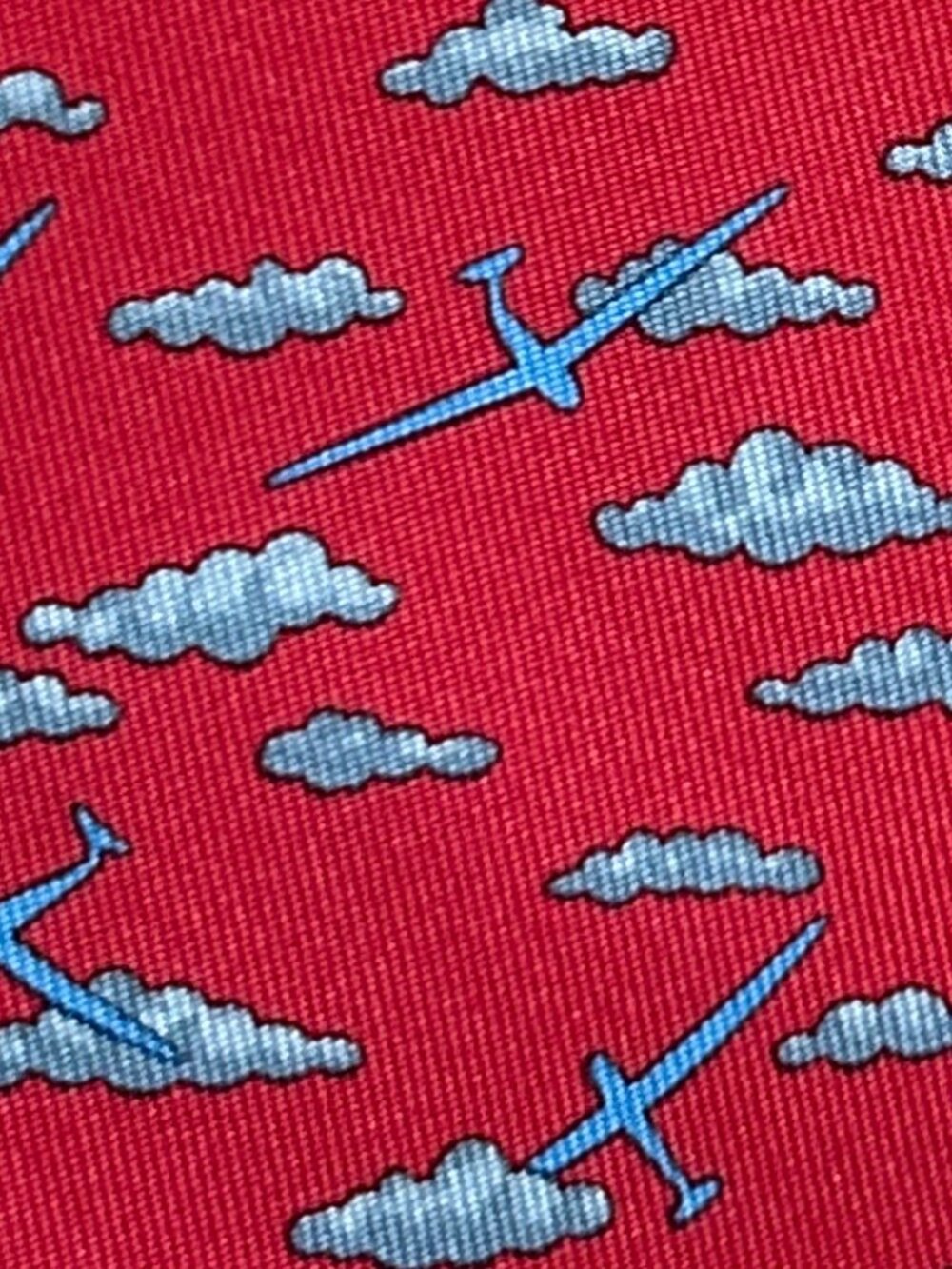 100% REAL HERMES TIE ~ RED FUN BLUE GLIDER PLANES AIRPLANES FLYING IN  CLOUDS XL
